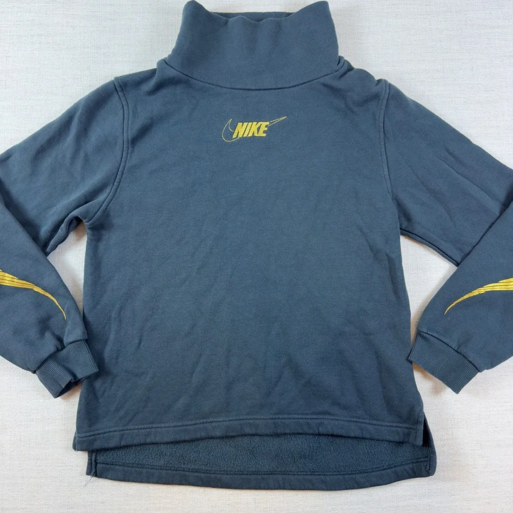 Nike Girls XL Turtleneck Fleece Sweatshirt Blue Gold Graphic High Low Pullover